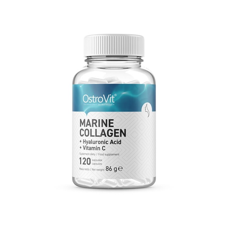 Supliment alimentar Colagen marin + Hialuronic Acid + Vitamina C, 120 Capsule, OstroVit Beneficii Colagen marin cu acid hialuron