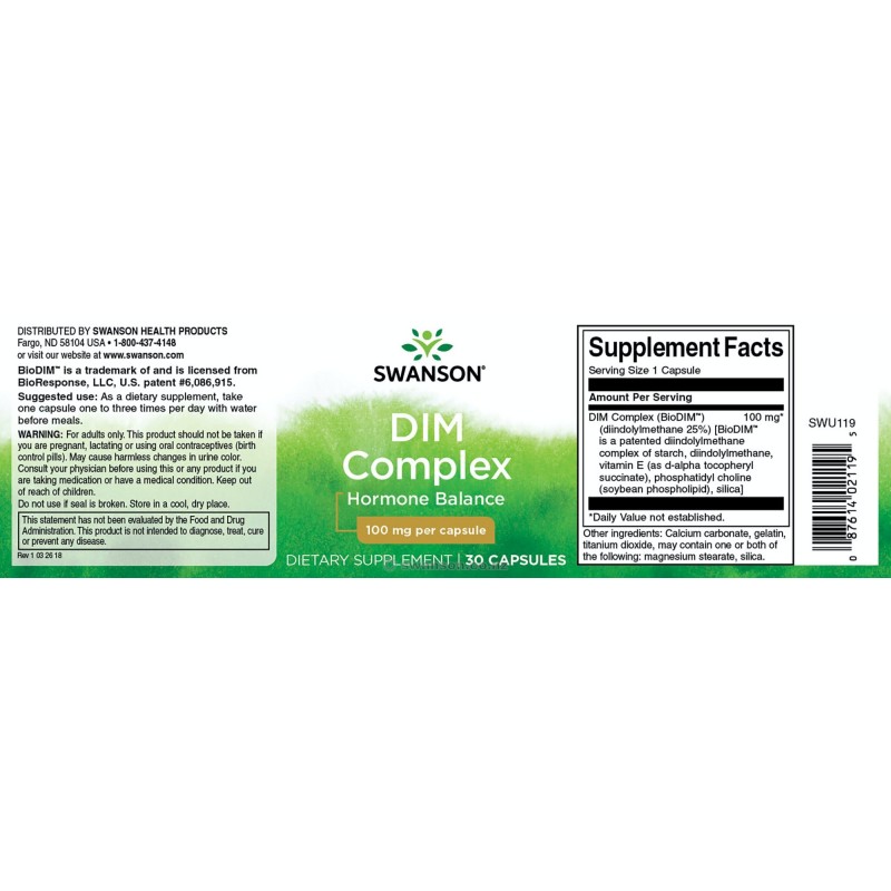 DIM Complex, Diindolilmetan 100 mg 30 Capsule, Swanson, menopauza, estrogen - 1 | YEO