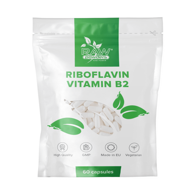 RAW Powders Riboflavina Vitamina B2 100 mg 60 Capsule - Energie Beneficii Vitamina B2: conversia proteinelor în energie, ajuta l