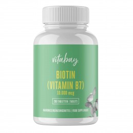 Biotina 10.000 mcg - 10 mg - 200 Pastile, Vitabay Beneficii Biotina: promoveaza sanatatea pielii, parului si a unghiilor, suprim