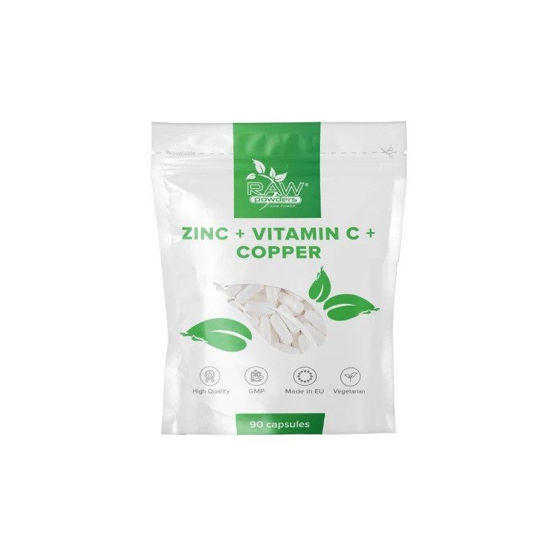 Raw Powders Zinc + Vitamina C + Cupru 90 Capsule Beneficii: imbunatateste sistemul imunitar, stimuleaza productia de colagen, mi