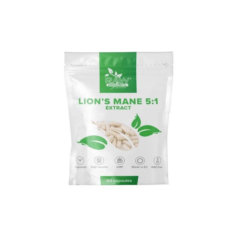 RAW Powders Lion’s Mane 5:1 500 mg 90 Capsule - Memorie si Focus Lion's Mane Extract Coama leului beneficii: ajută in ameliorare