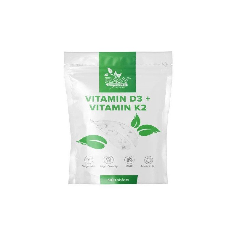 RAW Powders Vitamina D3 + K2 90 Tablete - Oase si Imunitate BENEFICII VITAMINA D3 + K2: creste mineralizarea oaselor și a dințil
