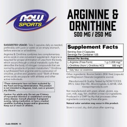 NOW Foods Arginine & Ornithine, 500/250 - 100 Capsule Beneficii L-Arginina si L-Ornitina: ajută la promovarea vindecării optime 