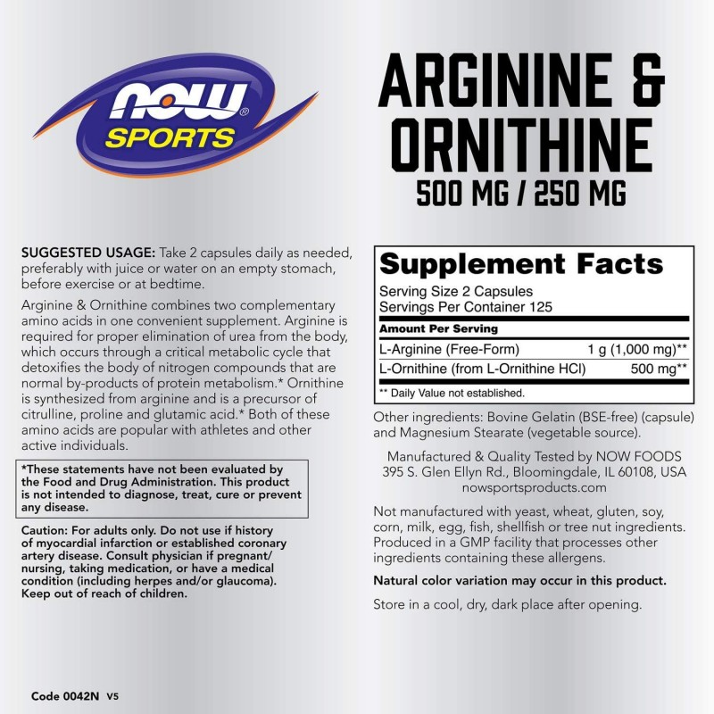 NOW Foods Arginine & Ornithine, 500/250 - 100 Capsule - 1 | YEO