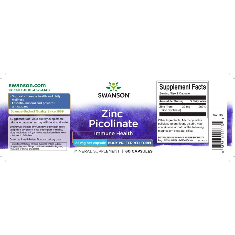 Swanson Zinc Picolinate Body Preferred Form, 22mg - 60 Capsule - 2 | YEO