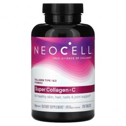 Neocell, Super Collagen + Vitamina C, 250 Tablete Beneficii Colagen Hidrolizat cu Vitamina C: Reface stocurile de Colagen și Ofe