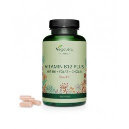 Vegavero Vitamina B12 Plus 180 Capsule Vitamina B12 (Metilcobalamina și Adenosilcobalamina), Acid Folic (5-MTHF), Vitamina B6 (P