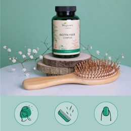 Vegavero Biotin Hair Complex, 120 Capsule (Reduce caderea parului) Beneficii Biotina: asigura o biodisponibilitate ridicata a nu