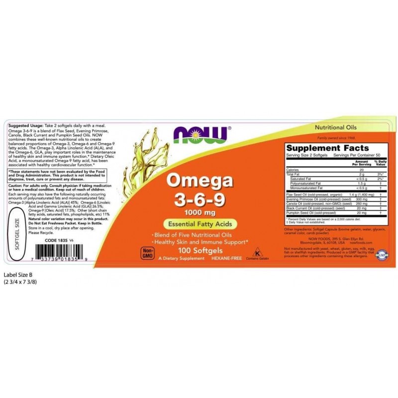 Now Foods Omega 3-6-9, 1000 mg, 100 Capsule (pentru artrita) - 1 | YEO