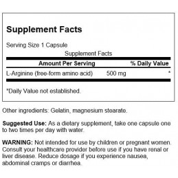 Swanson L-Arginine 500 mg, 100 capsule – Suport Circulatie si Vitalitate Beneficii L-arginine: imbunatatirea fluxului sanguin, a