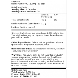 Swanson Reishi 600mg 60 Capsule – Suport Natural pentru Imunitate si Energie Beneficii Reishi: intareste sistemul imunitar, lupt