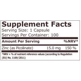 Zinc Picolinate - 15 mg, 100 Capsule, Pure Nutrition USA Beneficii Zinc: reglarea proceselor metabolice si a activitatii enzimel