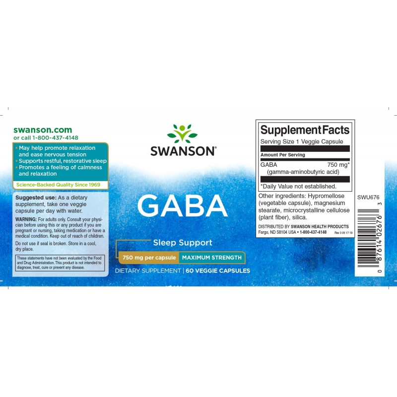 Swanson GABA - 750mg Maximum Strength - 60 Capsule - 1 | YEO