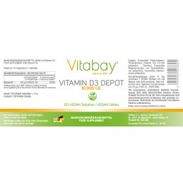 Vitabay Vitamina D3 - 10.000 UI - 120 Tablete vegane Beneficii Vitamina D3: ajuta la mentinerea sanatatii oaselor, suport pentru