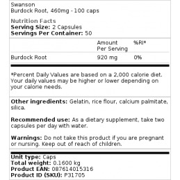Swanson Burdock Root 460 mg 100 Capsule – Radacina de Brusture pentru Detox si Piele Beneficii Burdock Root (Radacina de brustur