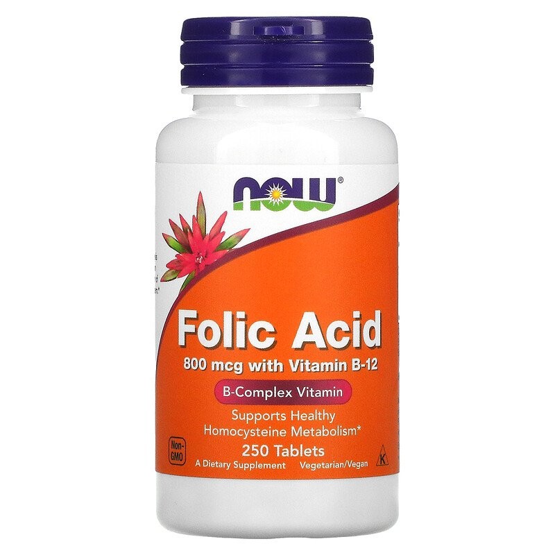 NOW Foods Folic Acid with Vitamin B12, 800mcg - 250 Tablete Beneficii acid folic &amp; vitamina B12- este esential pentru sanata