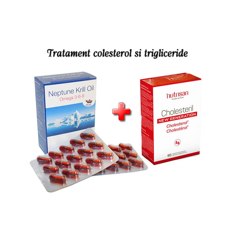 Tratament colesterol si trigliceride: Krill Oil si Cholesteril New Generation 60 capsule fiecare Beneficii Cholesteril New Gener