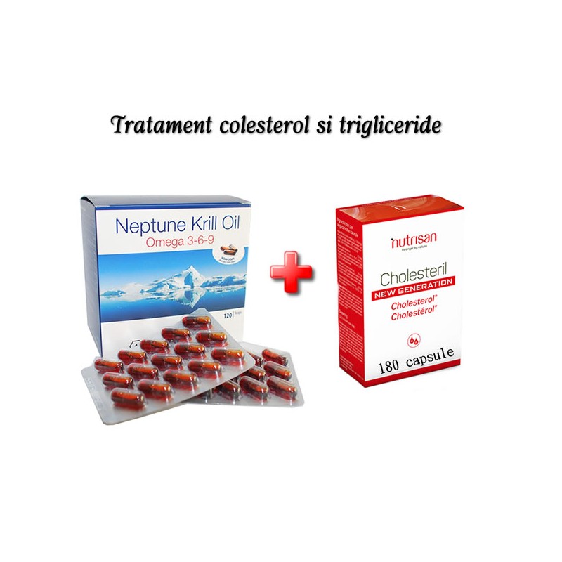 Tratament colesterol si trigliceride: Krill Oil si Cholesteril New Generation 180 capsule fiecare Beneficii Cholesteril New Gene