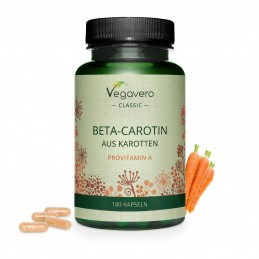 Vegavero Beta Carotene 180 Capsule BENEFICII BETA CAROTENE: dezvolta un bronz auriu, contribuie la protejarea pielii de expunere