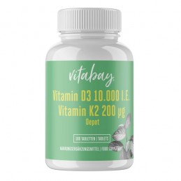 Vitamina D3 10.000 IU + Vitamina K2 200mcg MK7 180 Tablete, Vitabay Vitamina D3 10.000 IU + Vitamina K2 200mcg beneficii: mentin