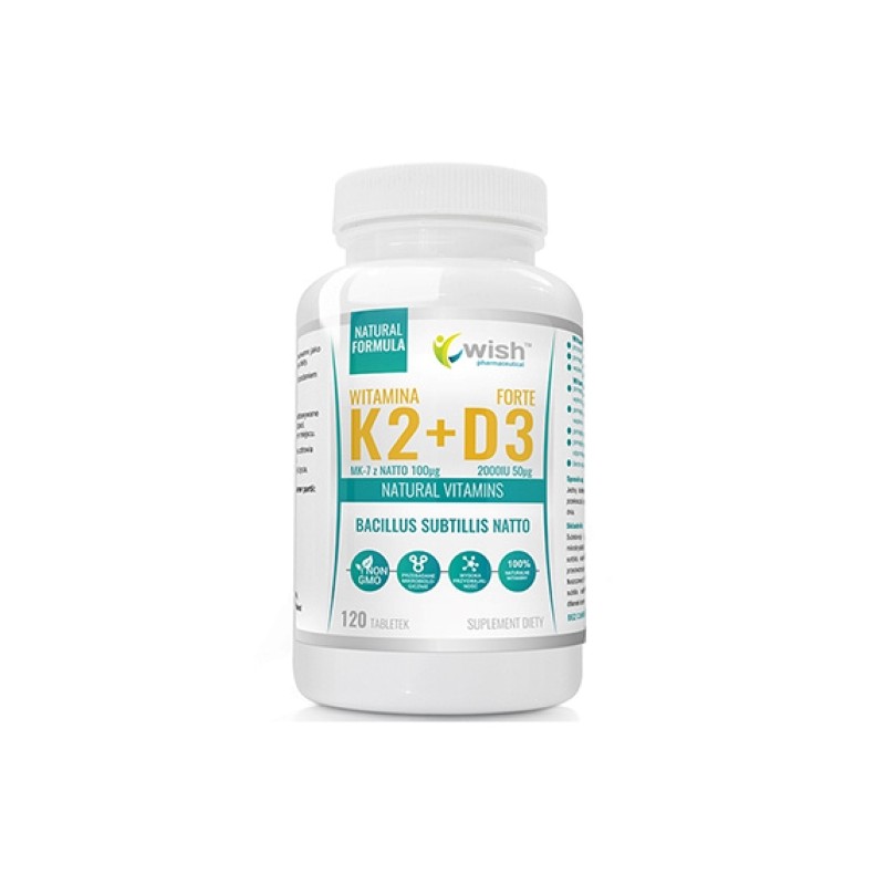 Wish Vitamin K2 MK-7 Natto 100mcg + D3 50mcg - 120 Capsule BENEFICII D3 + K2 MK7- mentine sanatatea oaselor, ajuta la reducerea 