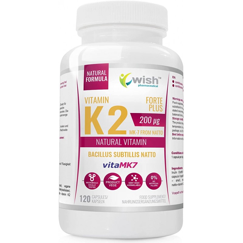 Wish Vitamina K2 MK-7 200mcg 120 capsule - Suport oase si sanatate cardiovasculara Vitamina K2 este necesara pentru activarea os