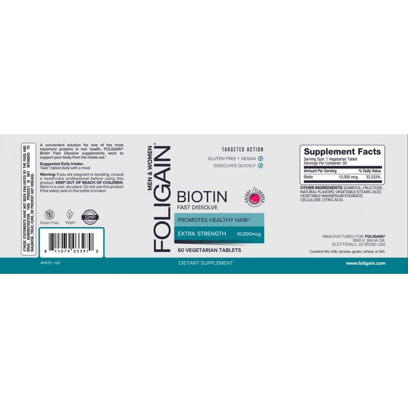 Foligain Biotina Regenerare Par 10,000mcg cu dizolvare rapida (aroma de cireșe) - 60 Tablete - 1 | YEO