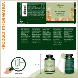 Vegavero Betain Plus 500 mg, 180 Capsule BENEFICII BETAINA PLUS: sprijina sistemul digestiv, detine proprietati antiinflamatorii