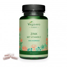 Supliment alimentar Zinc + Vitamin C, 180 Capsule, Vegavero BENEFICII- menținerea unui păr, a pielii și a unghiilor normale, fun