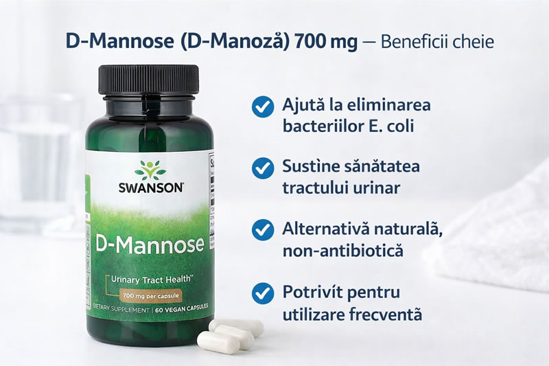 Beneficii Swanson D-Mannose (D-Manoză) 700 mg – 60 capsule vegetale