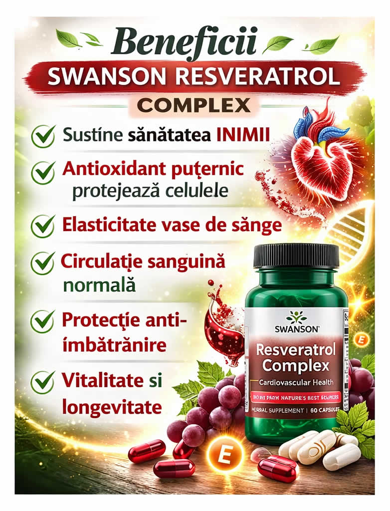 Beneficii Swanson Resveratrol Complex 60 Capsule – Resveratrol pentru Sanatatea Inimii si Protectie Antioxidanta