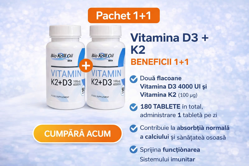 Oferta speciala Vitamina D3 4000 UI + K2 (100 mcg) – 1+1
