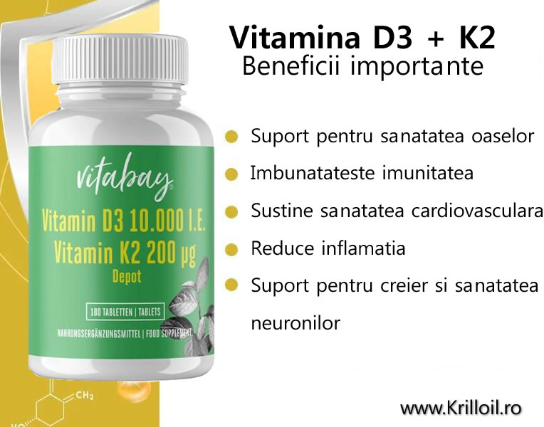 Vitamin D3 10000 ui + Vitamin K2 200mcg MK7 beneficii