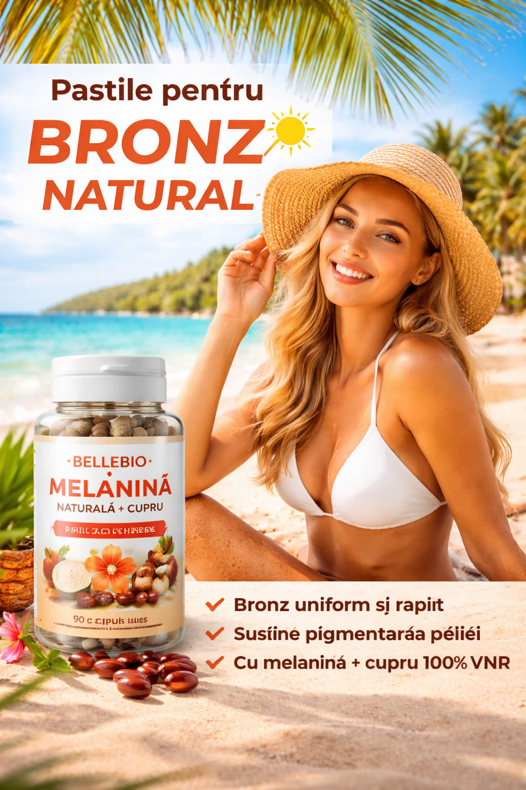 Pastile pentru bronz natural BelleBio Melanina Naturala + Cupru 90 capsule