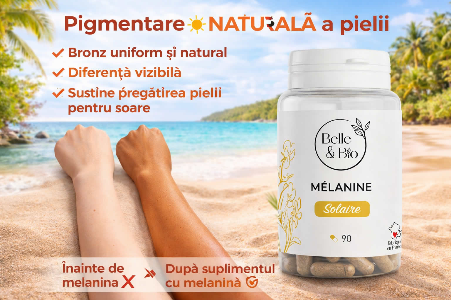 Pastile pentru bronz natural BelleBio 90 capsule cu melanină și cupru pentru pigmentarea pielii