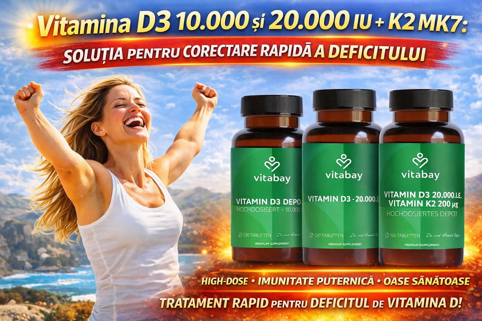 Vitamina D3 10.000 și 20.000 IU + K2 MK7 Doze Mari pentru Corectarea Rapidă a Deficitului