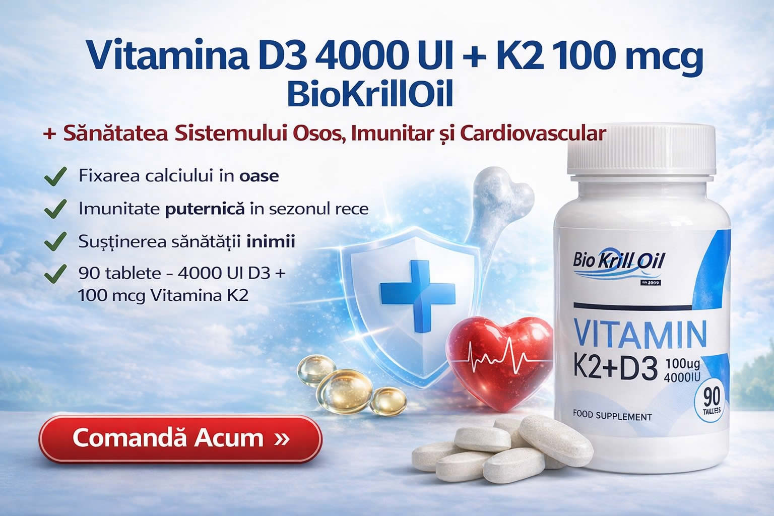 Vitamina D3 4000 UI + K2 100 mcg 90 Tablete BioKrillOil – Oase & Imunitate