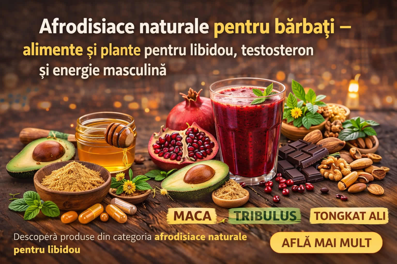 Alimente afrodisiace naturale pentru barbati precum maca tribulus rodie si nuci pentru libidou si testosteron