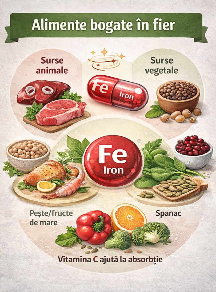 Alimente bogate în fier – carne roșie, pește, leguminoase, spanac și semințe pentru prevenirea deficitului de fier