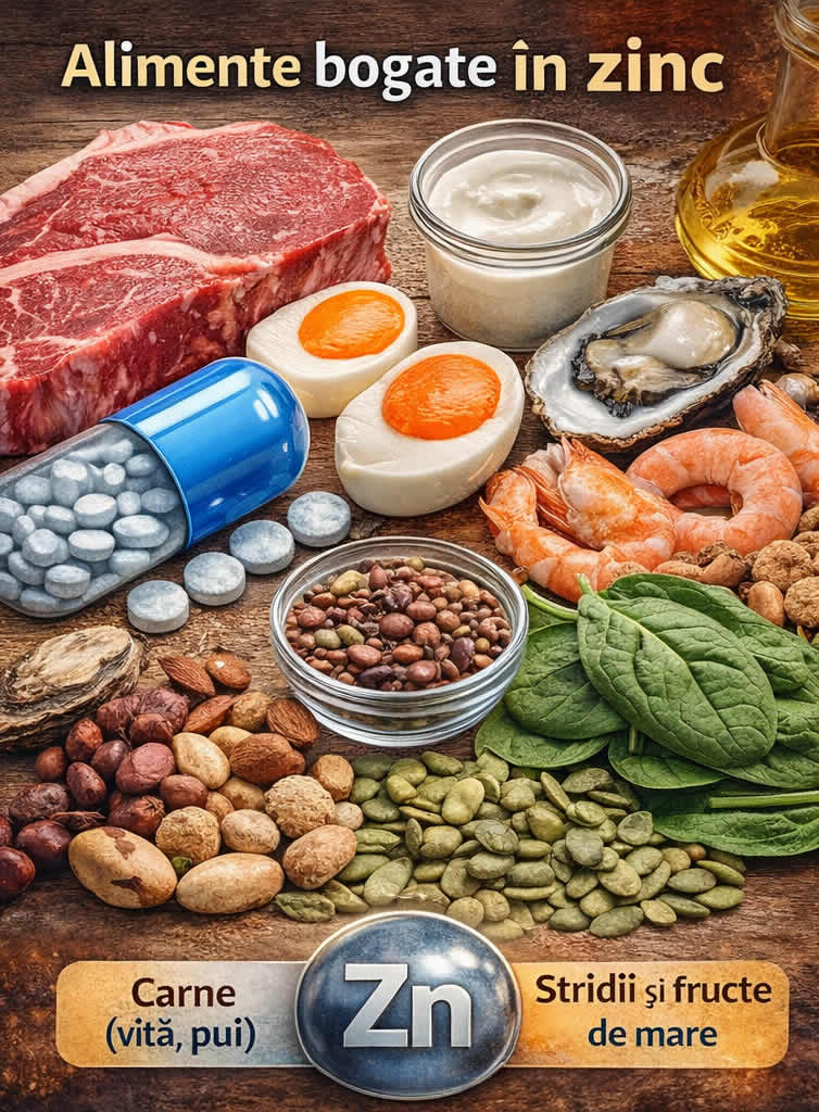 Alimente bogate în zinc: carne, ouă, stridii, fructe de mare, semințe și spanac
