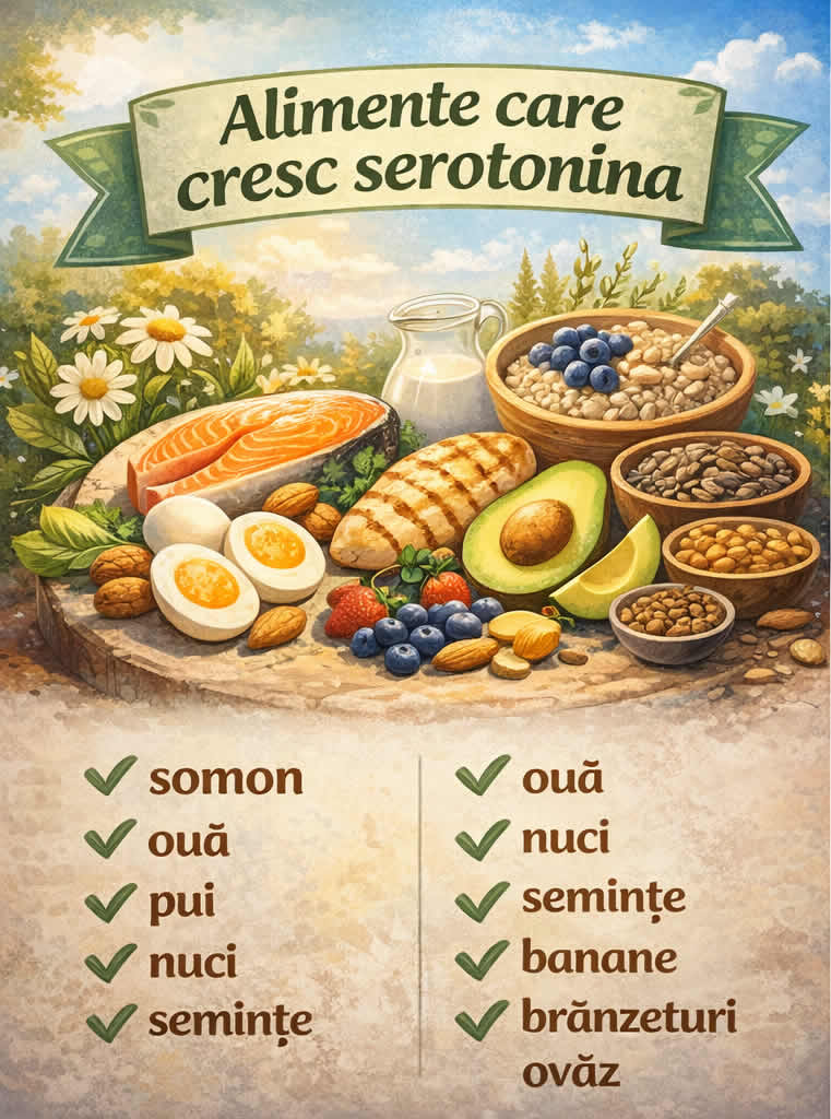 Alimente care cresc serotonina natural precum somon, ouă, nuci, semințe, banane și ovăz, surse bogate în triptofan