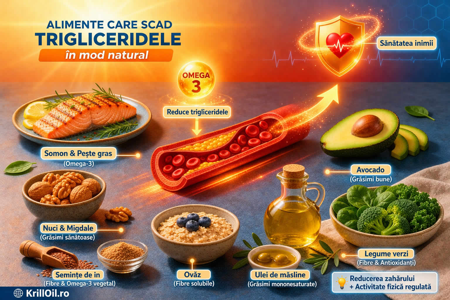 alimente care scad trigliceridele natural precum somon avocado nuci ulei de masline si seminte de in pentru sanatatea inimii