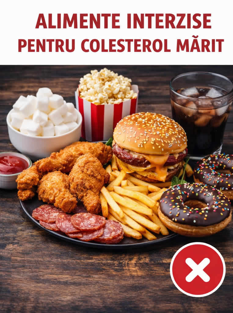 Alimente interzise pentru colesterol marit: fast food, prajeli, burger, cartofi prajiti, dulciuri si zahar