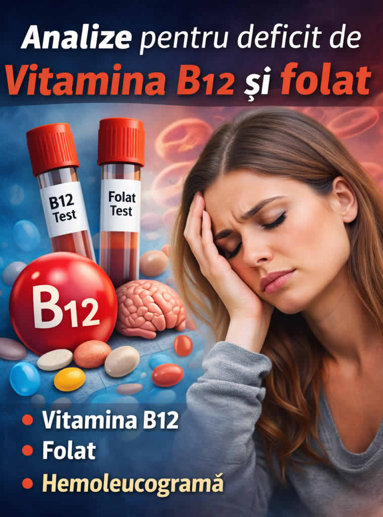 Femeie obosită și analize recomandate pentru deficit de vitamina B12 și folat cu B12, folat și hemoleucogramă