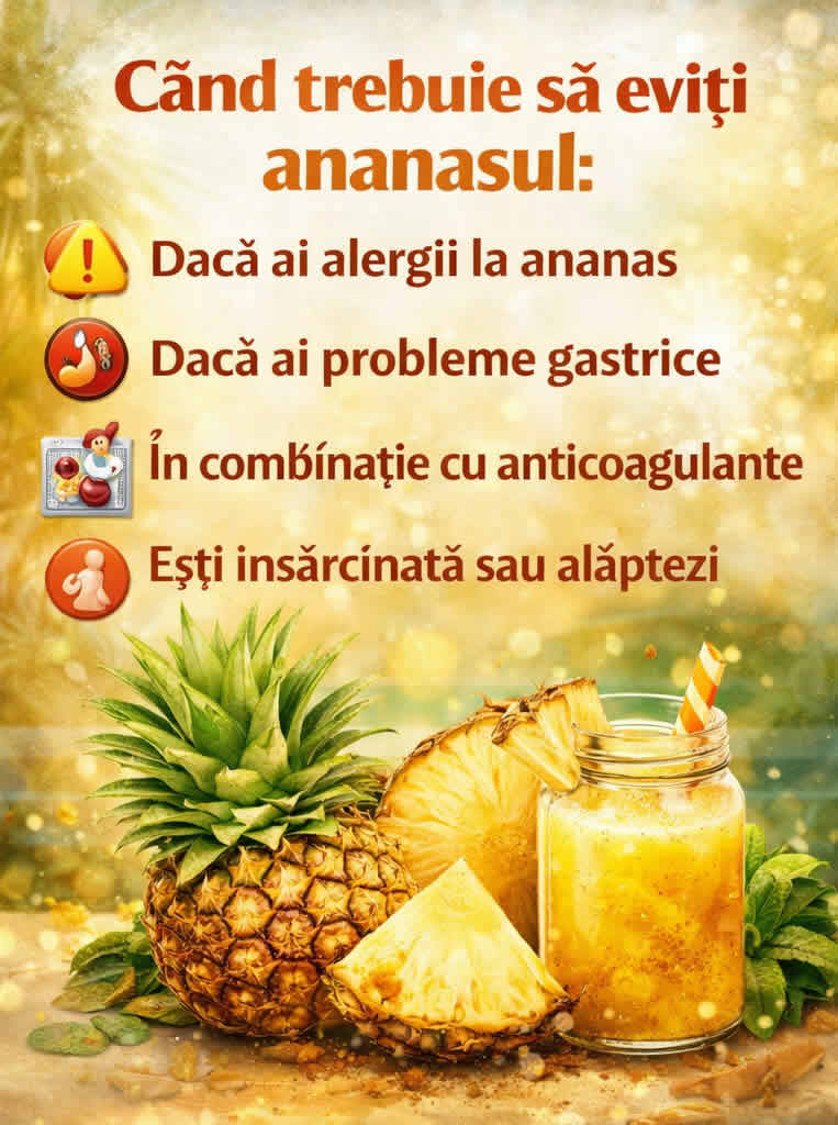 Contraindicații pentru consumul de ananas în caz de alergii, probleme gastrice, anticoagulante, sarcină și alăptare