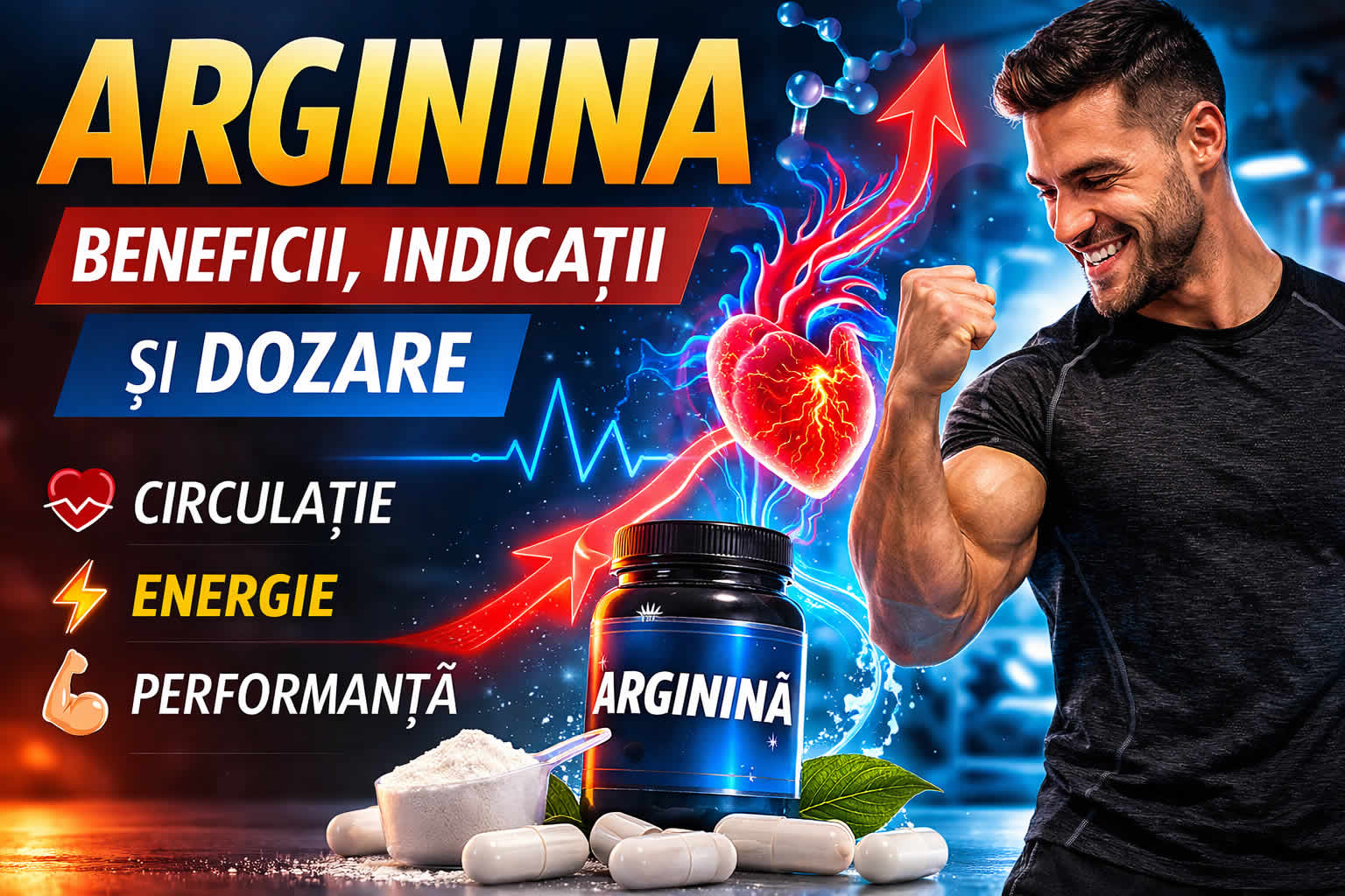 Arginina și oxid nitric pentru pompă musculară, circulație, performanță sportivă și susținerea funcției sexuale masculine