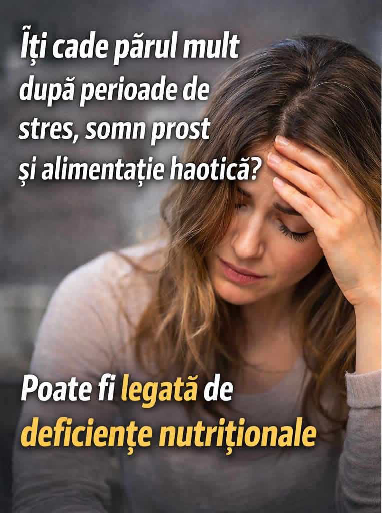 Femeie obosită și stresată care sugerează legătura dintre căderea părului, stres, somn prost și deficiențe nutriționale