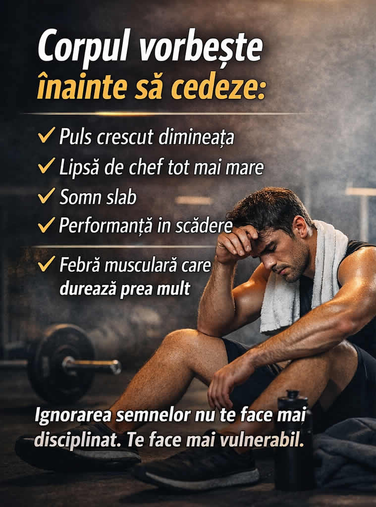 Semne ca ai nevoie de recuperare reala dupa antrenamente dese, cu sportiv obosit in sala si simptome de oboseala acumulata