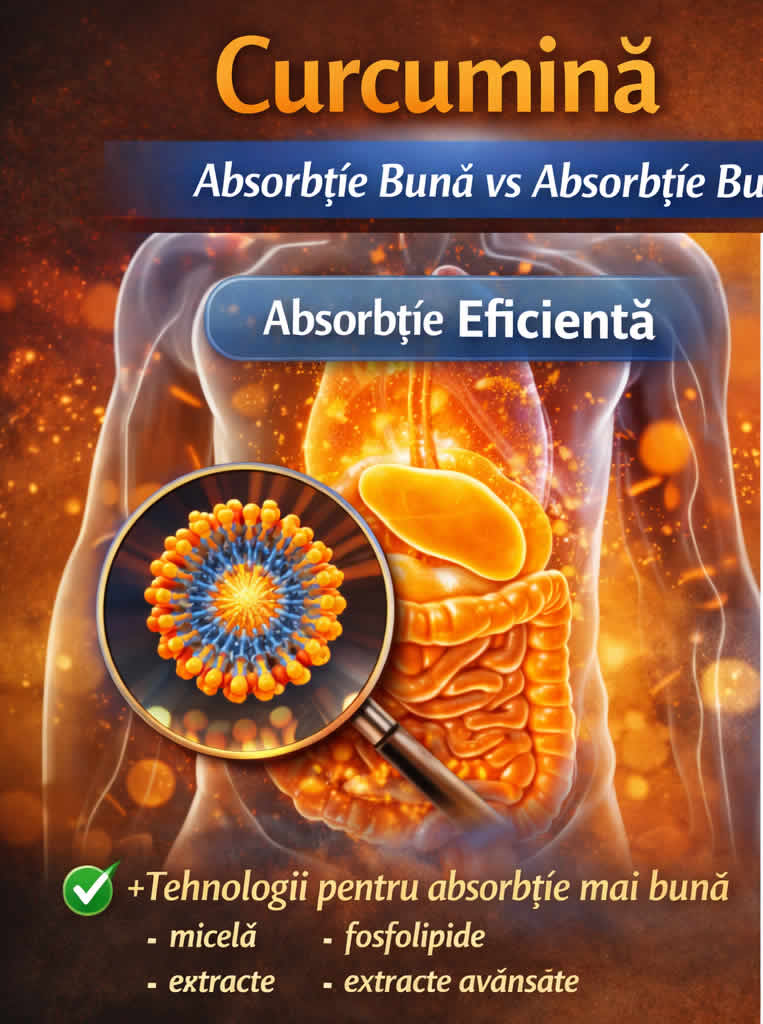 Curcumină absorbție bună vs absorbție slabă comparație între formule eficiente și turmeric simplu